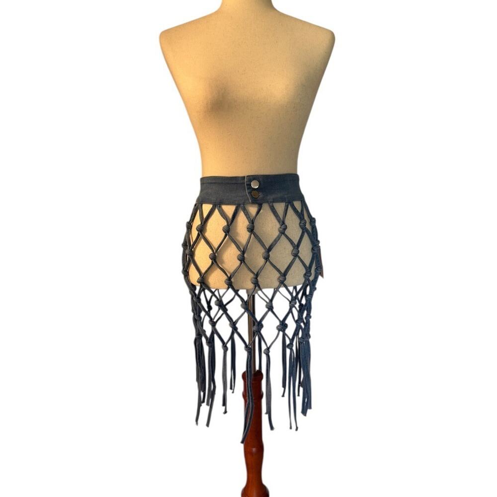 Denim Net Skirt Macrame Fringe Cover Up Party Club Wear Resort M Medium NWT